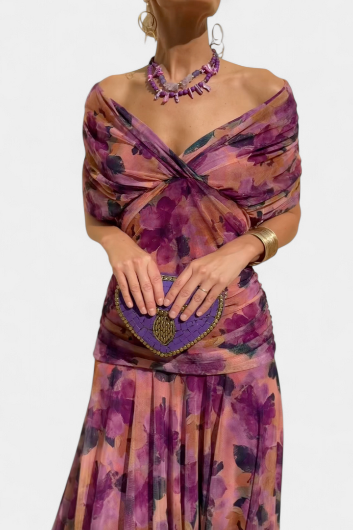 Chic off-shoulder draped maxi dress for women, ideal for evening parties, weddings, & formal events.