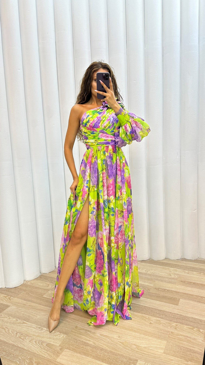 Stylish women's one-shoulder flowy maxi dress. Perfect spring/summer evening dress or colorful party attire.