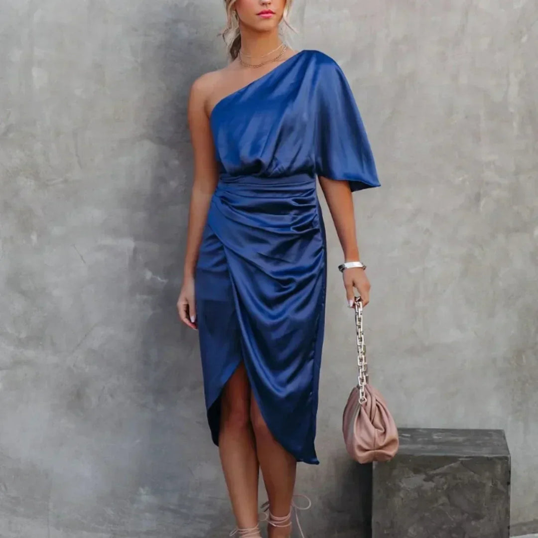 Elegant women's one-shoulder ruched midi dress. Perfect for evening wear, cocktail parties, and special occasions.