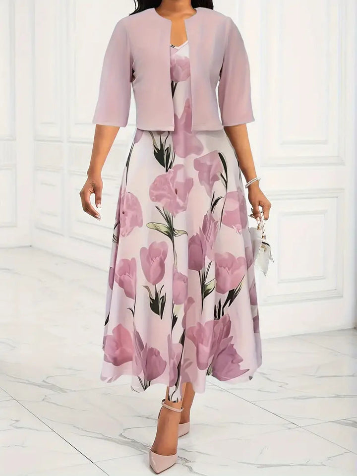 Elegant women's pink floral maxi dress set with 3/4 sleeve jacket. Perfect for spring & summer occasions.