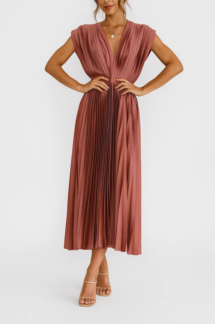 Chic pleated V-neck midi dress for women, excellent for wedding guests, parties, or elegant summer occasions.