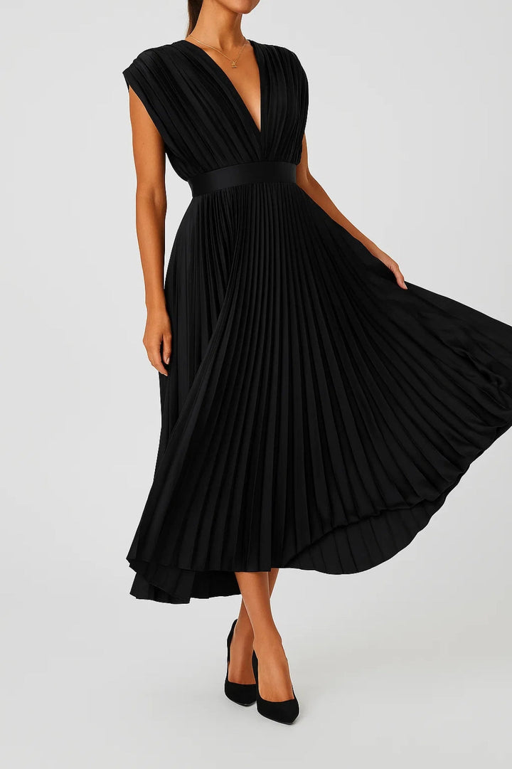 Formal women's pleated midi dress with deep V-neck, an elegant choice for wedding guests & special occasions.