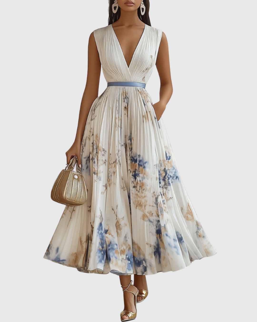 Elegant women's pleated maxi dress with long sleeves. Perfect for formal occasions.