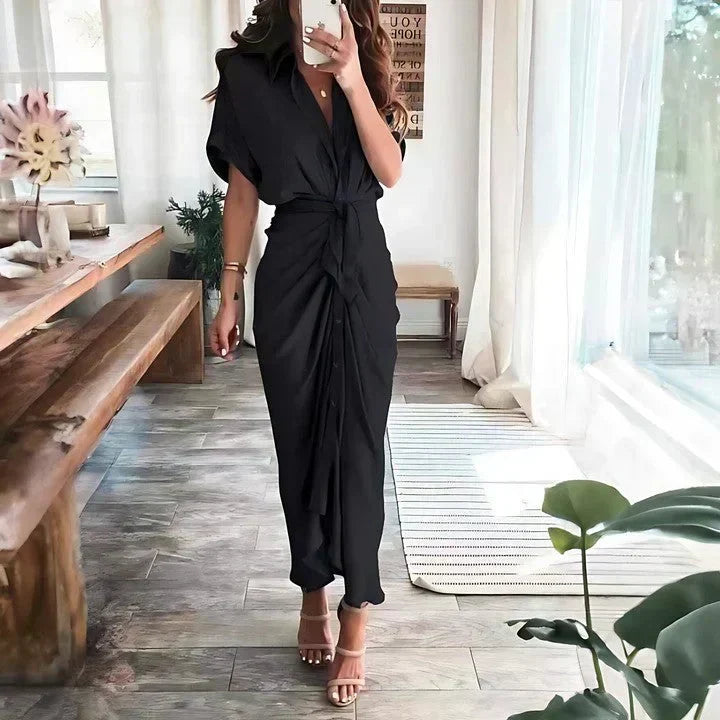 Chic women's midi dress featuring a flattering ruched tie waist and classic collar for occasion wear.