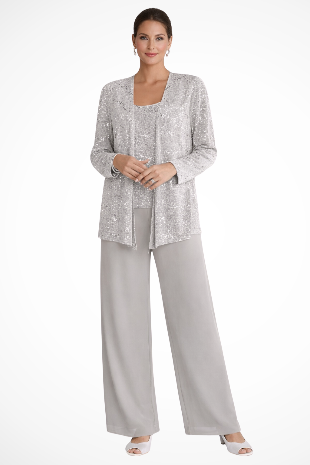 Elegant women's sequin wide-leg 3-piece suit for formal evening wear & special occasions.