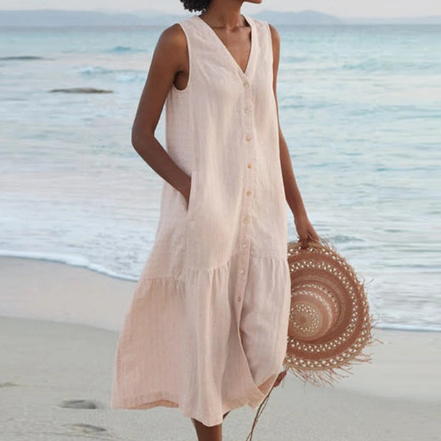 Elegant women's sleeveless buttoned midi dress, perfect for summer casual or dressy occasions. Versatile daywear.
