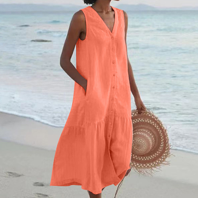 Flattering women's sleeveless buttoned midi dress, an elegant and comfortable choice for summer fashion.