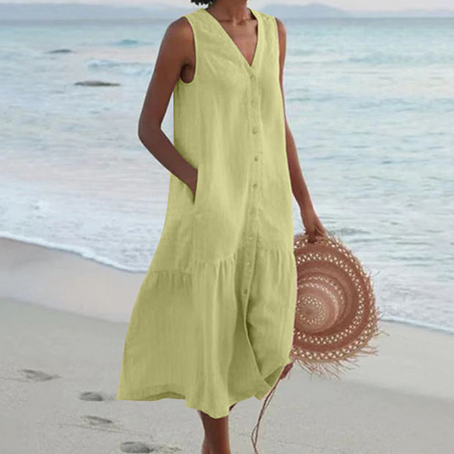 Versatile women's sleeveless buttoned midi dress, suitable for elegant casual summer outfits & daywear.