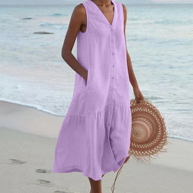 Chic women's sleeveless buttoned midi dress, offering elegant and comfortable style for summer days.
