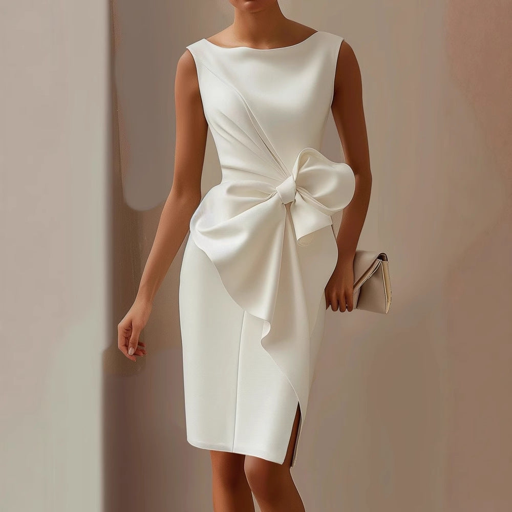Elegant women's sleeveless midi dress for special occasions, featuring designer style and a unique bow detail.
