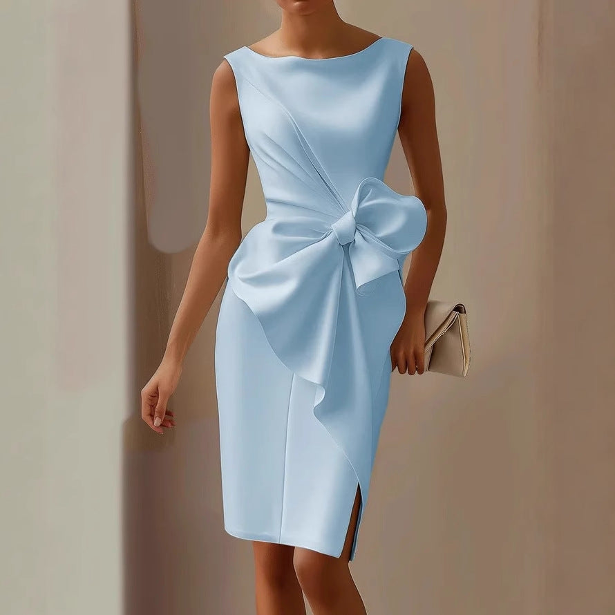 Formal women's sleeveless midi dress in an elegant asymmetrical design, ideal for special occasions & events.