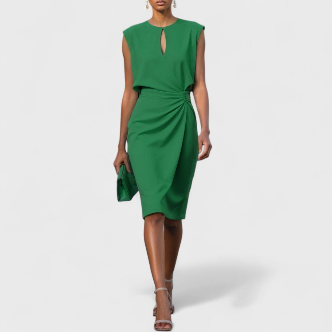 Chic sleeveless midi dress for women, with a trendy cutout and graceful pleated drape. Versatile work or event wear.