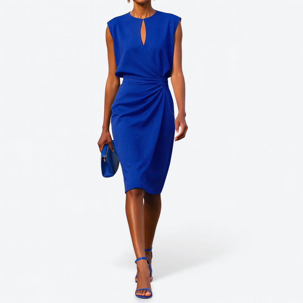 Comfortable & elegant sleeveless cutout midi dress for women, featuring a beautiful pleated drape. Ideal formal wear.