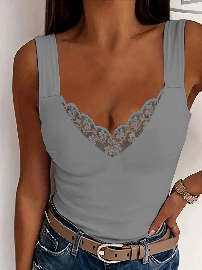 Women's Elegant Lace Trim Sleeveless Tank Top in a soft fabric, perfect for modern women's apparel.