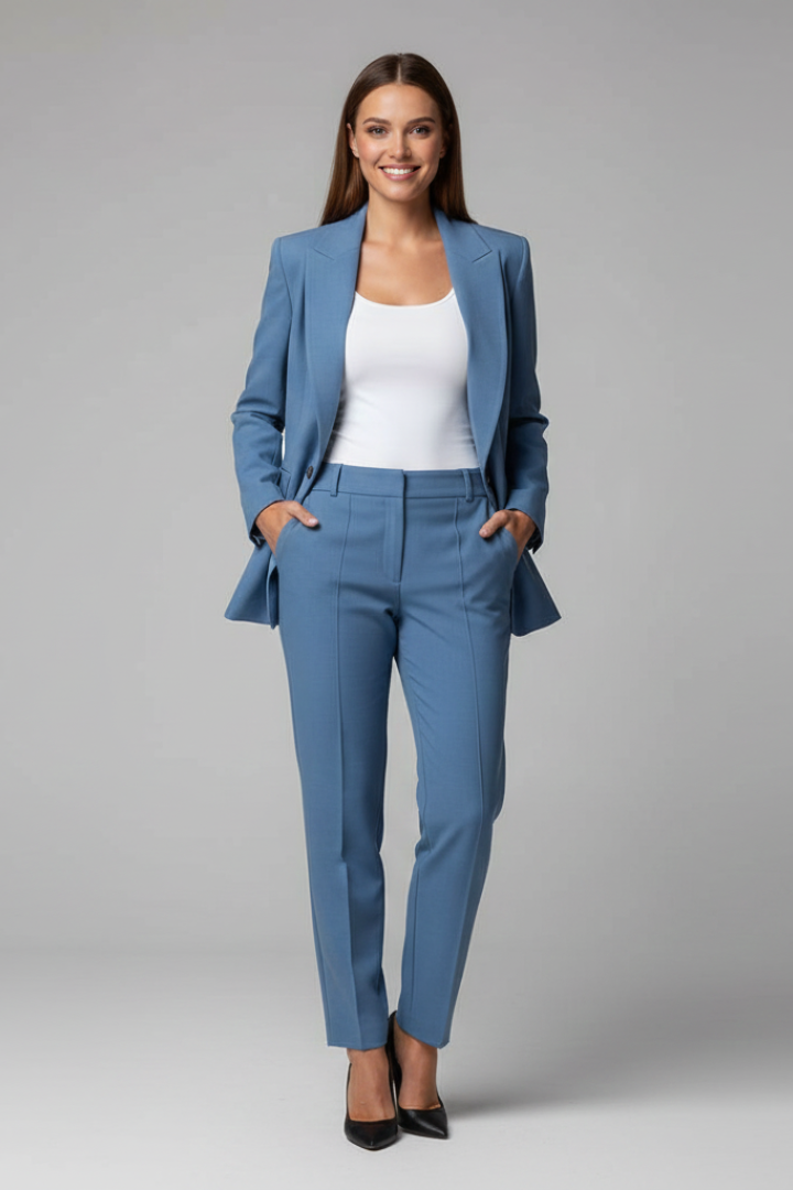 Professional women's blue blazer suit set with tailored trousers. Ideal workwear for business meetings & formal events.