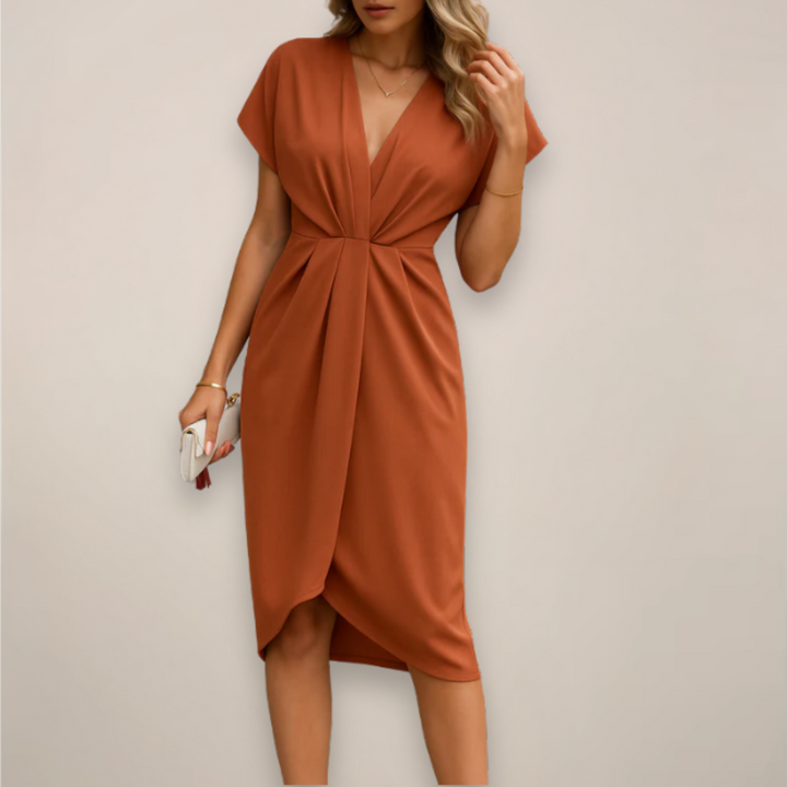 Chic women's midi bodycon dress with V-neckline and short sleeves, a comfortable yet elegant choice for any event.