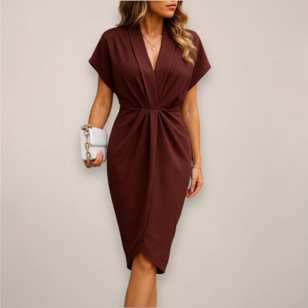 Sophisticated women's V-neck midi cocktail dress with a unique twist knot detail and short sleeves.