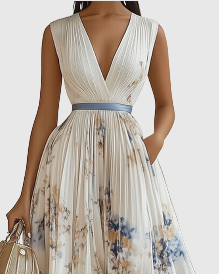Comfortable V-neck A-line midi dress for women, offering elegant, versatile, and feminine summer style.