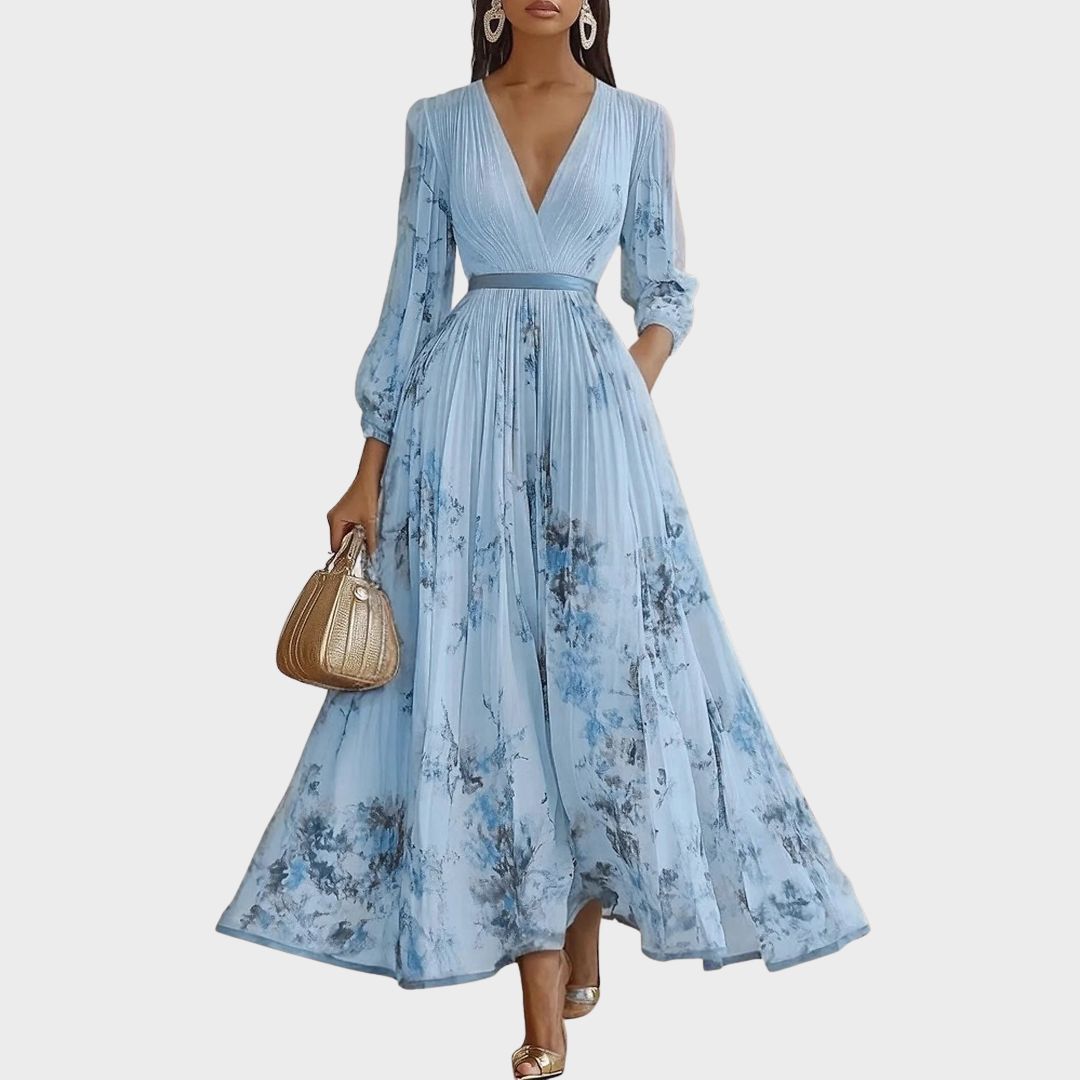 Feminine V-neck A-line midi dress, showcasing elegant silhouette & comfortable fit for women's sophisticated style.