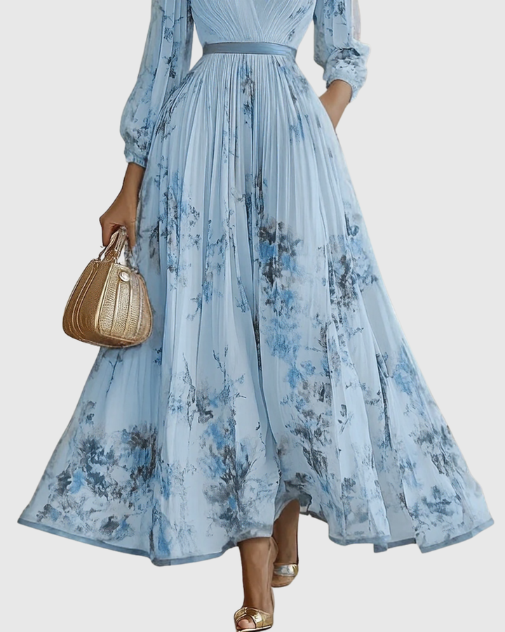 Woman modeling an elegant V-neck A-line midi dress, perfect for formal, party, or summer wear.