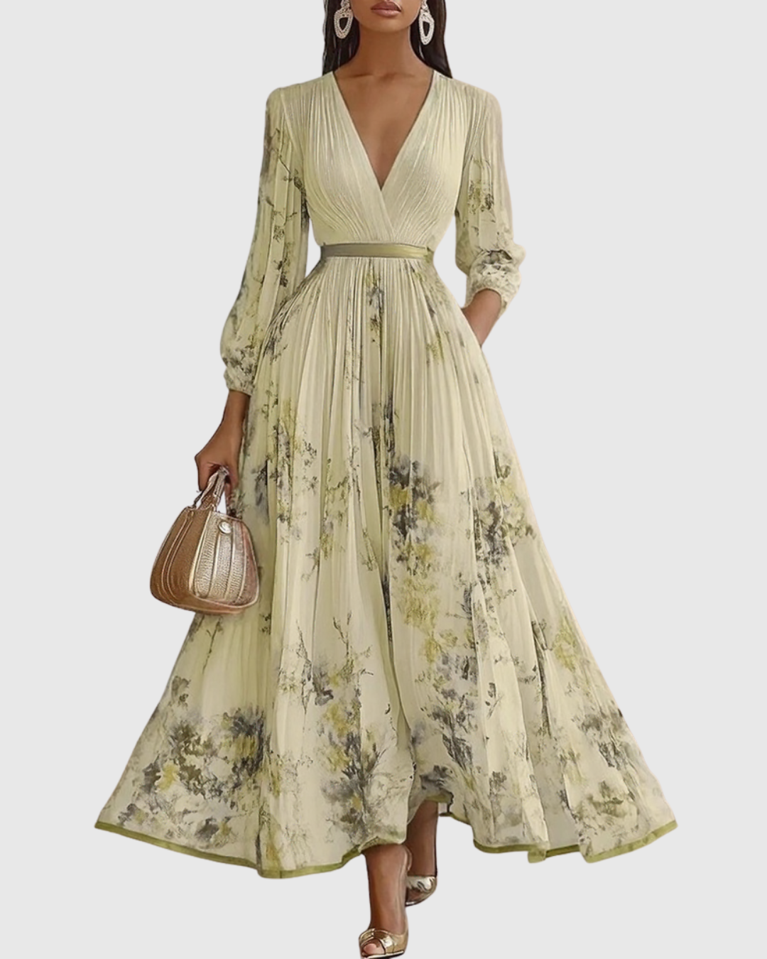 Graceful woman in a comfortable A-line V-neck midi dress, showing its versatile flow and elegant design.