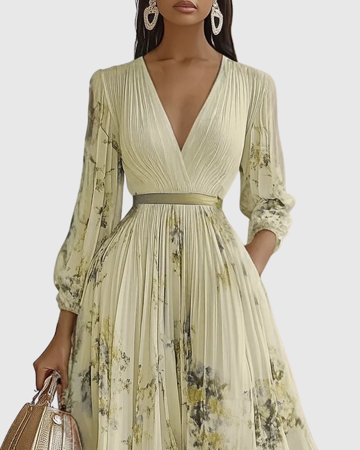 Sophisticated V-neck A-line midi dress for women, featuring a luxurious look and elegant drape.