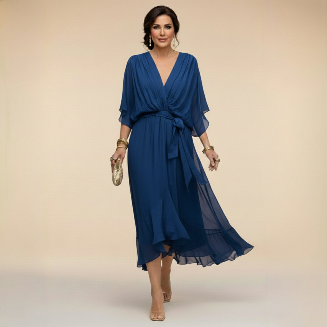Flowy and comfortable V-neck batwing sleeve midi dress for women, a chic wedding guest option.