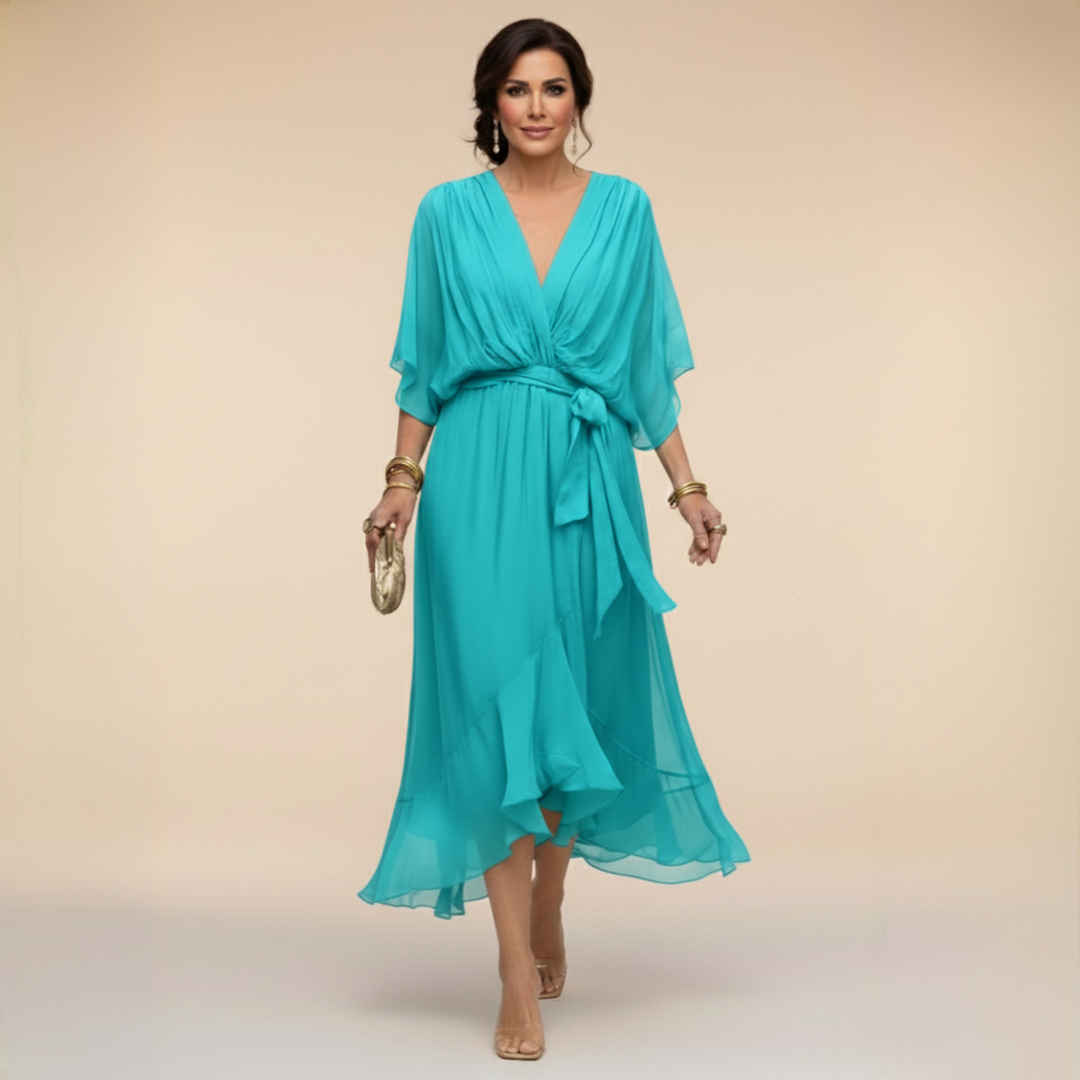 Stylish V-neck batwing sleeve midi dress for women, perfect for formal events & celebrations.
