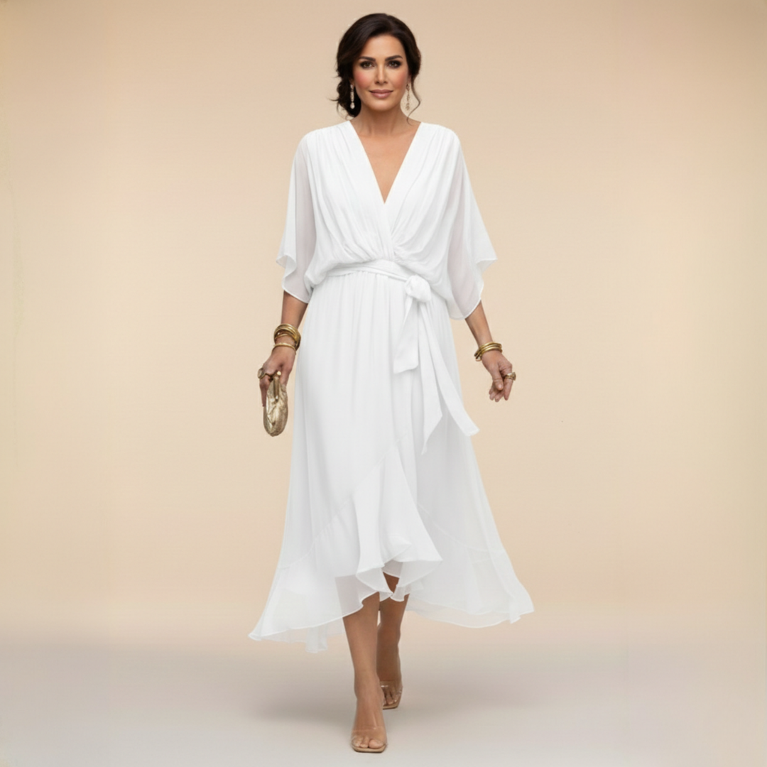 Comfortable women's party dress: V-neck, batwing sleeve midi style for evening events.