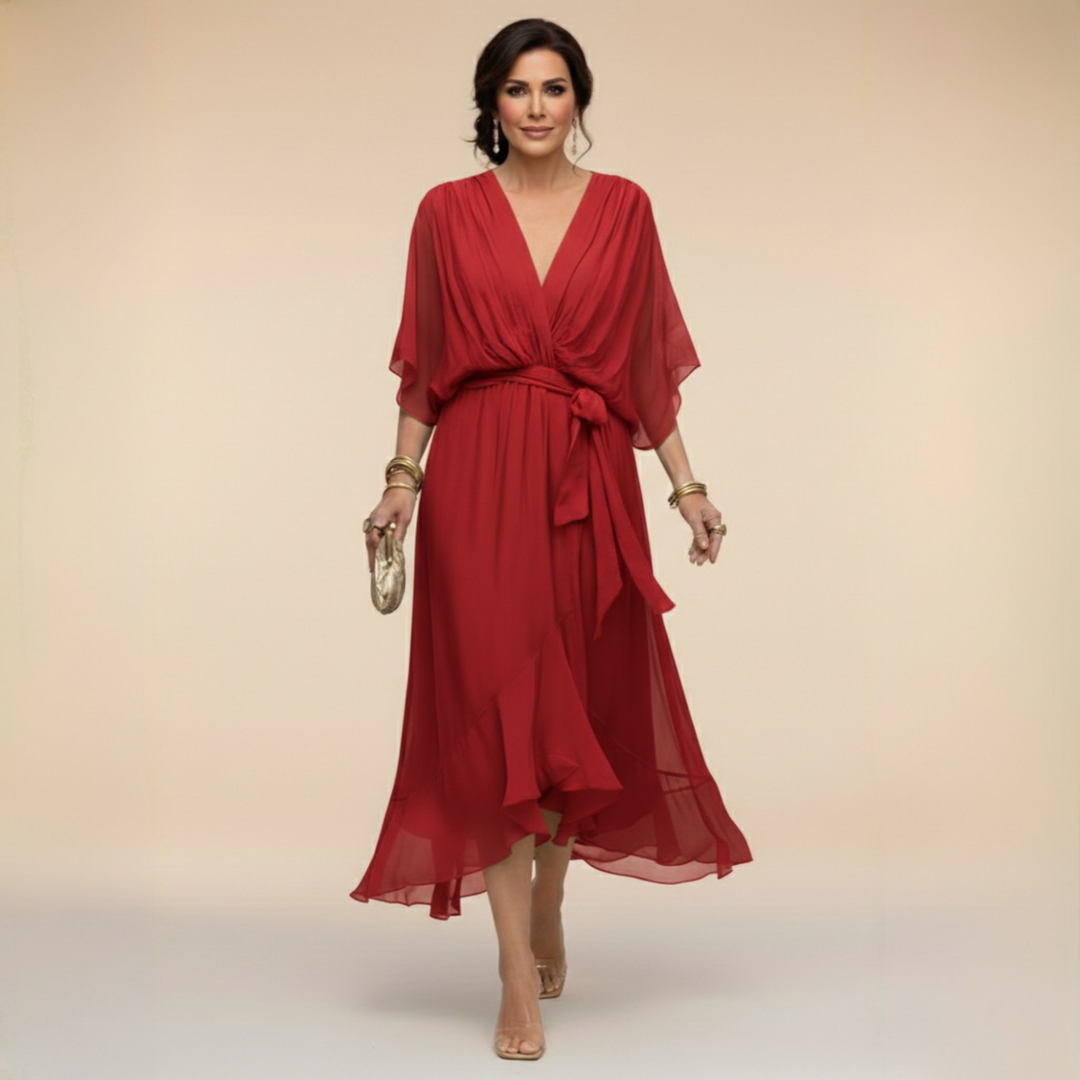 Flattering V-neck batwing sleeve midi dress, an elegant choice for women's evening wear.