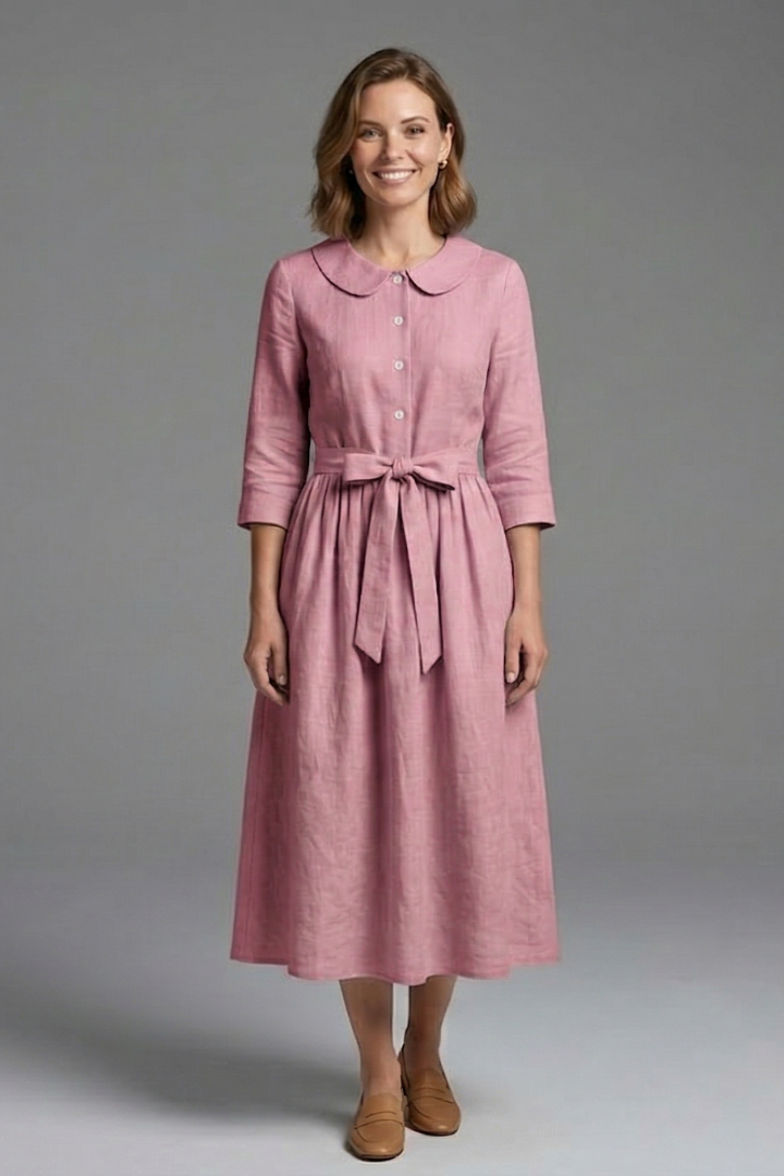 Flowy women's V-neck midi dress with a chic waist tie, perfect for movement & elegant summer style.