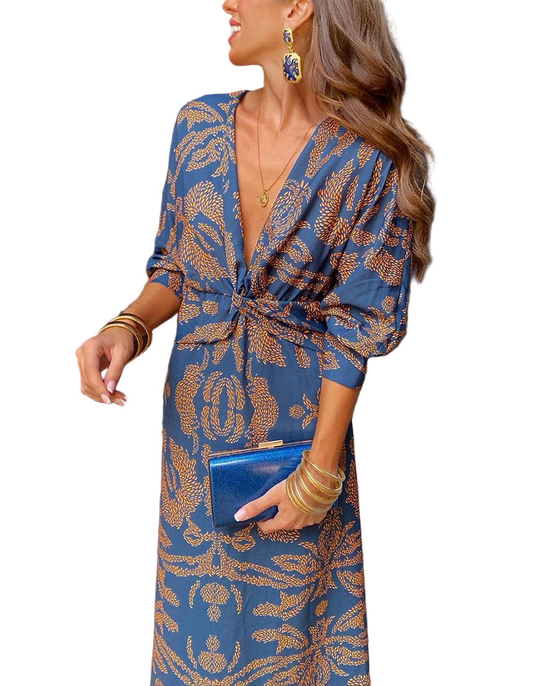 Elegant women's V-neck midi dress with chic knot detail, long sleeves, perfect for dinner & special occasions.