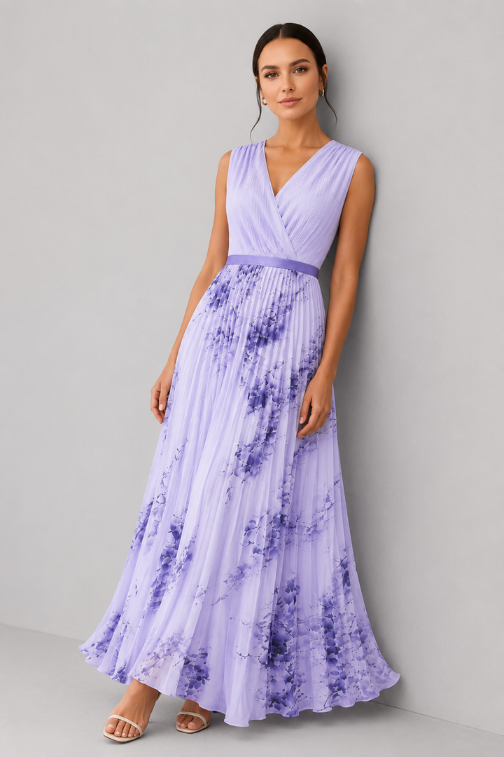 Elegant women's V-neck sleeveless pleated maxi dress with waist tie, ideal for summer or occasion wear.