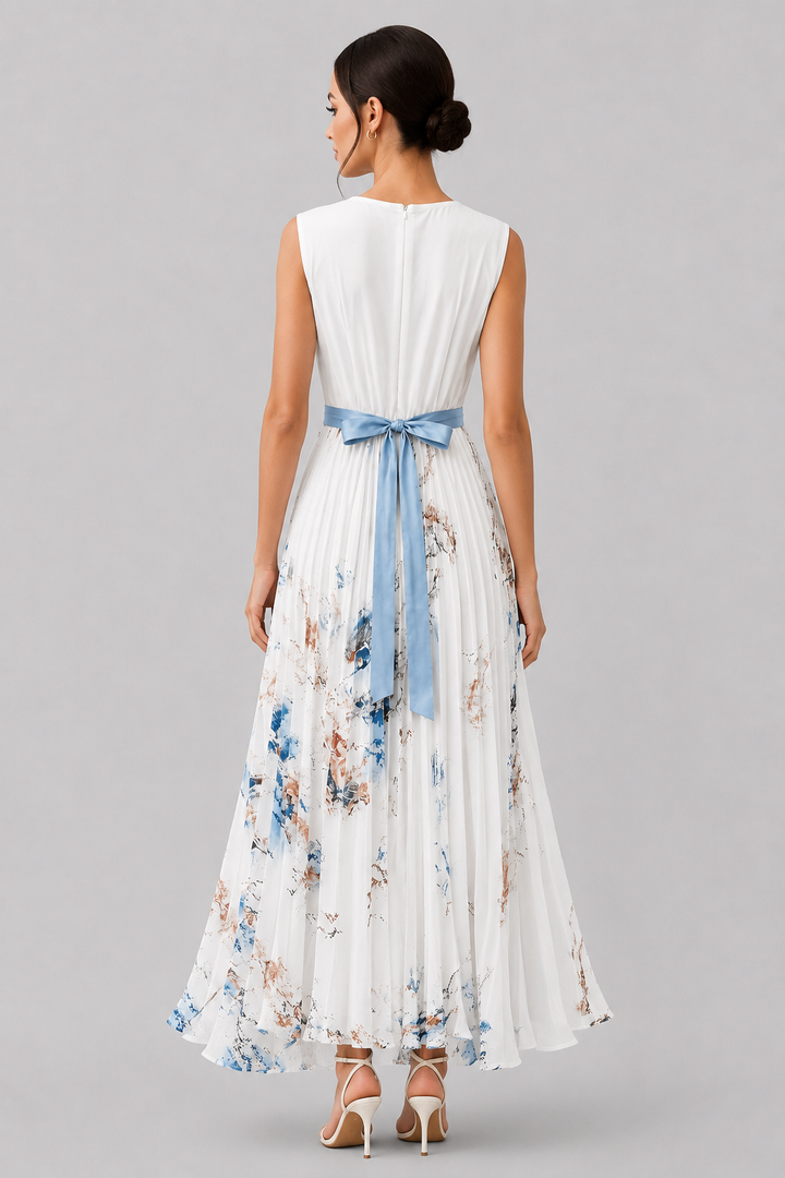 Gorgeous women's sleeveless V-neck maxi dress, elegant pleats & a waist tie, suitable for events.