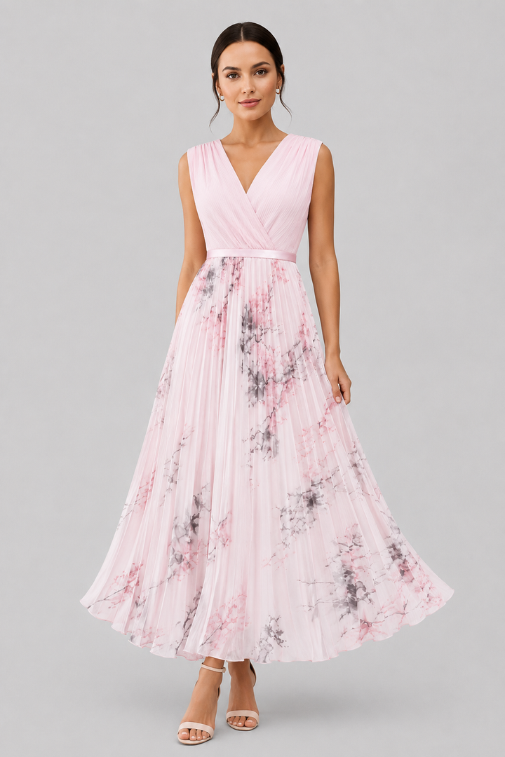Sophisticated women's V-neck maxi dress featuring a pleated design and a stylish waist tie for parties.