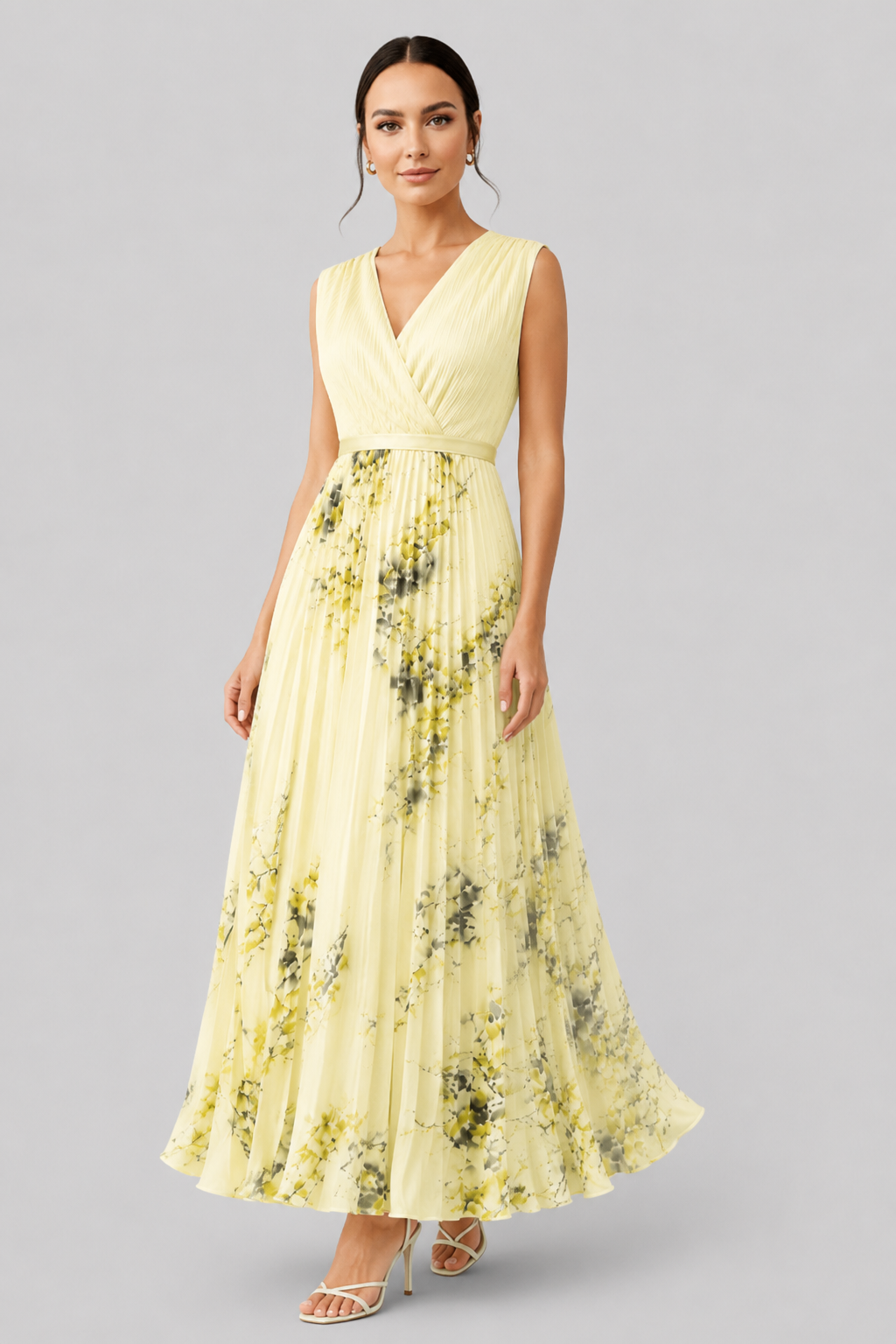 Beautiful women's elegant V-neck pleated maxi dress, a versatile piece for various formal occasions.