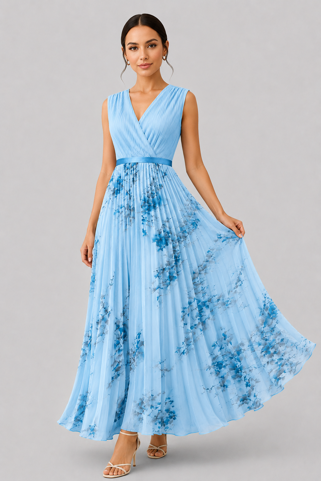 Maxi dress for women, V-neck, pleated skirt, and waist tie in a stunning [color], perfect for parties.