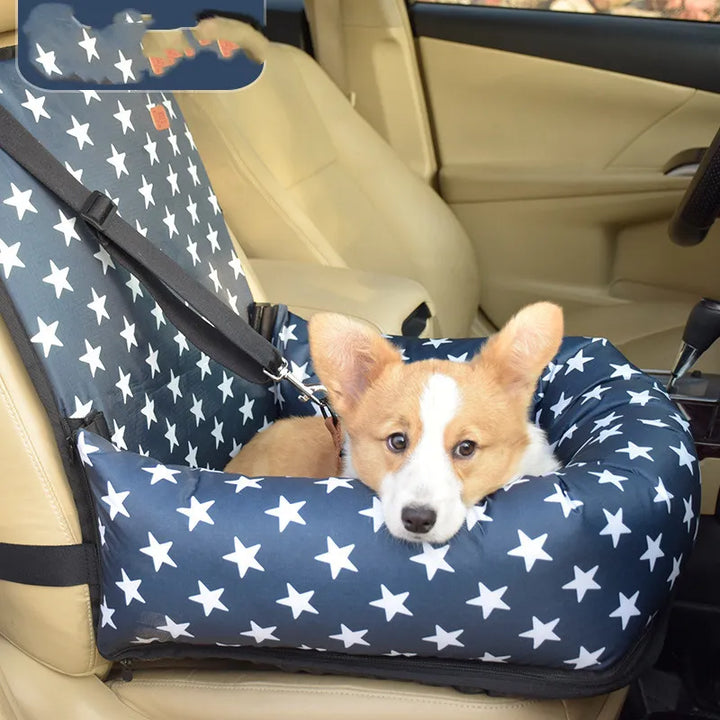 Dog travel accessory: Elevated booster seat for car, keeps pets safe and comfortable.