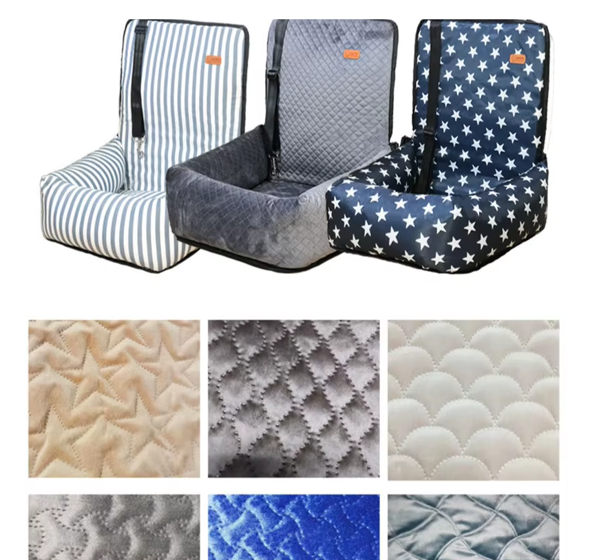 Vehicle pet booster seat with securing straps, providing a comfortable and safe ride for dogs.