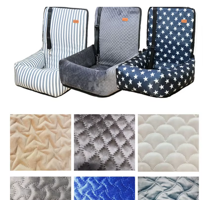 Vehicle pet booster seat with securing straps, providing a comfortable and safe ride for dogs.