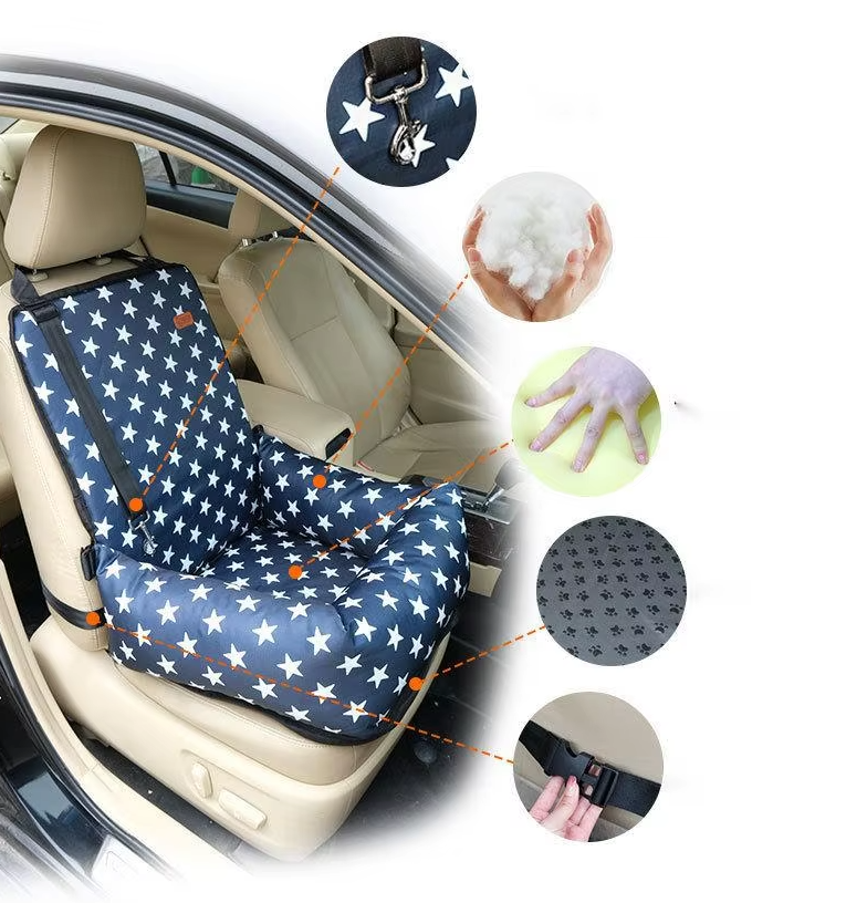 Dog car seat for car travel, featuring an elevated design and strong securing straps for safety.