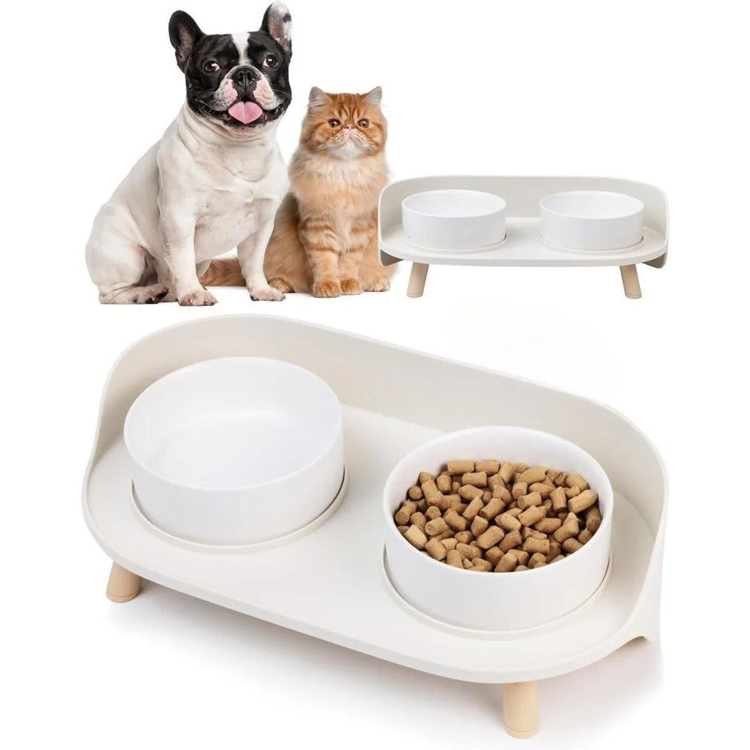Elevated pet feeding station with two stainless steel non-slip bowls, ideal for cats and dogs with whisker friendly design