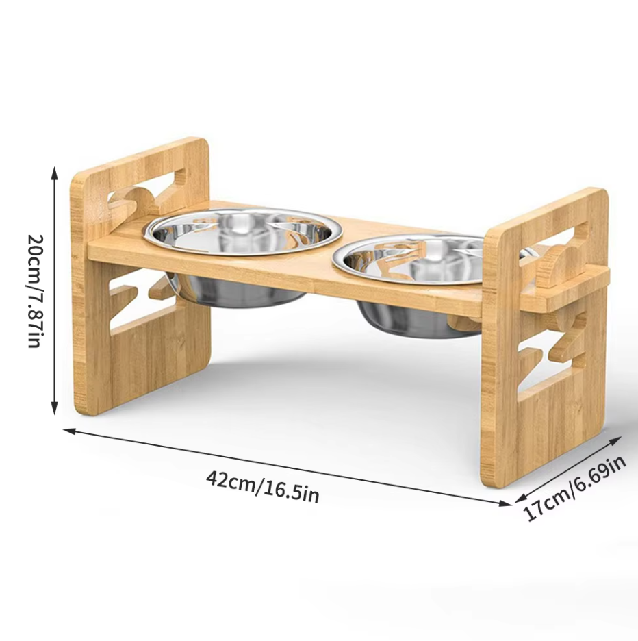 Pet feeding station with rust-resistant stainless steel bowls, designed for pet health and comfort.