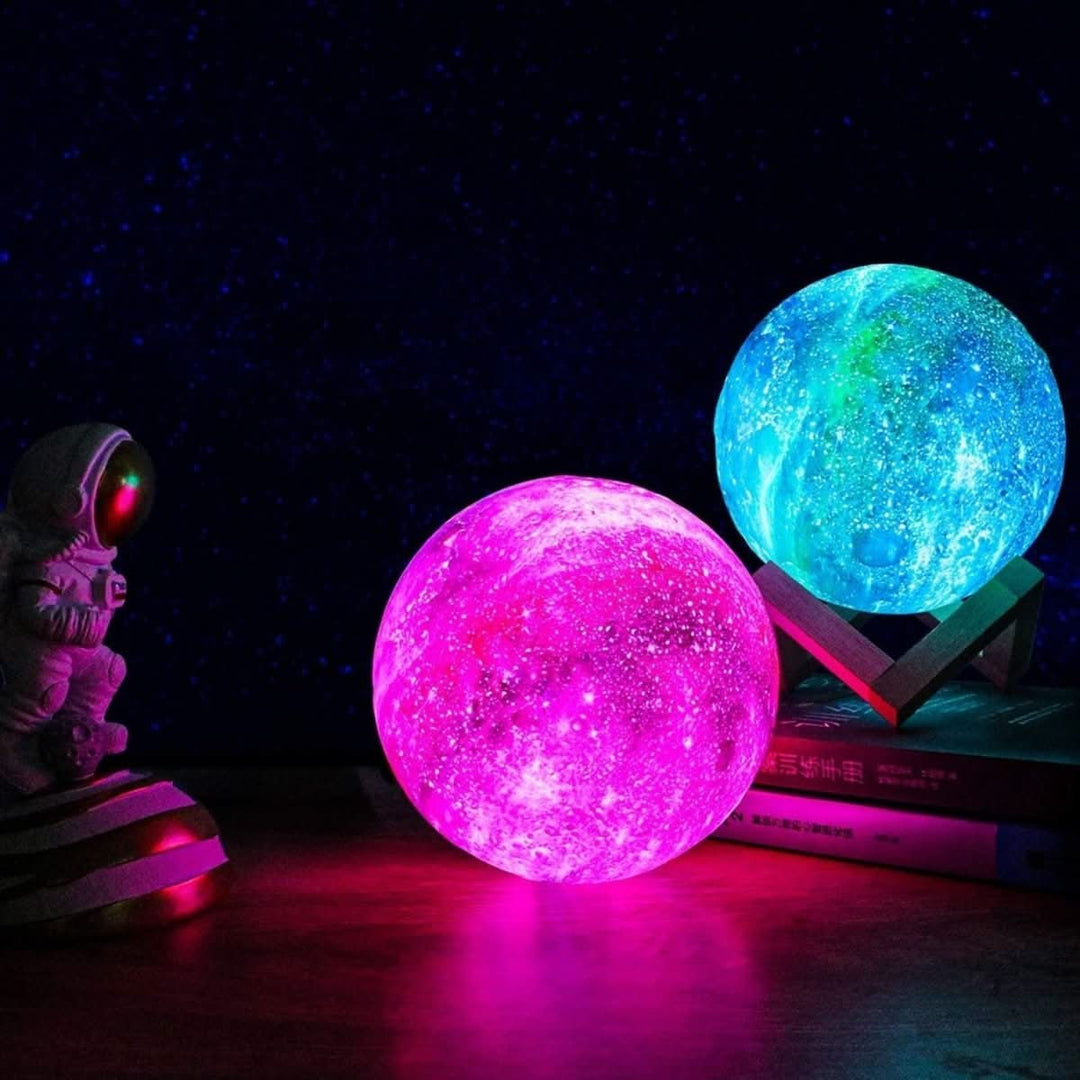Enchanting realistic 3D moon lamp with 16 vibrant colors and a chic wooden stand, creating a magical glow.