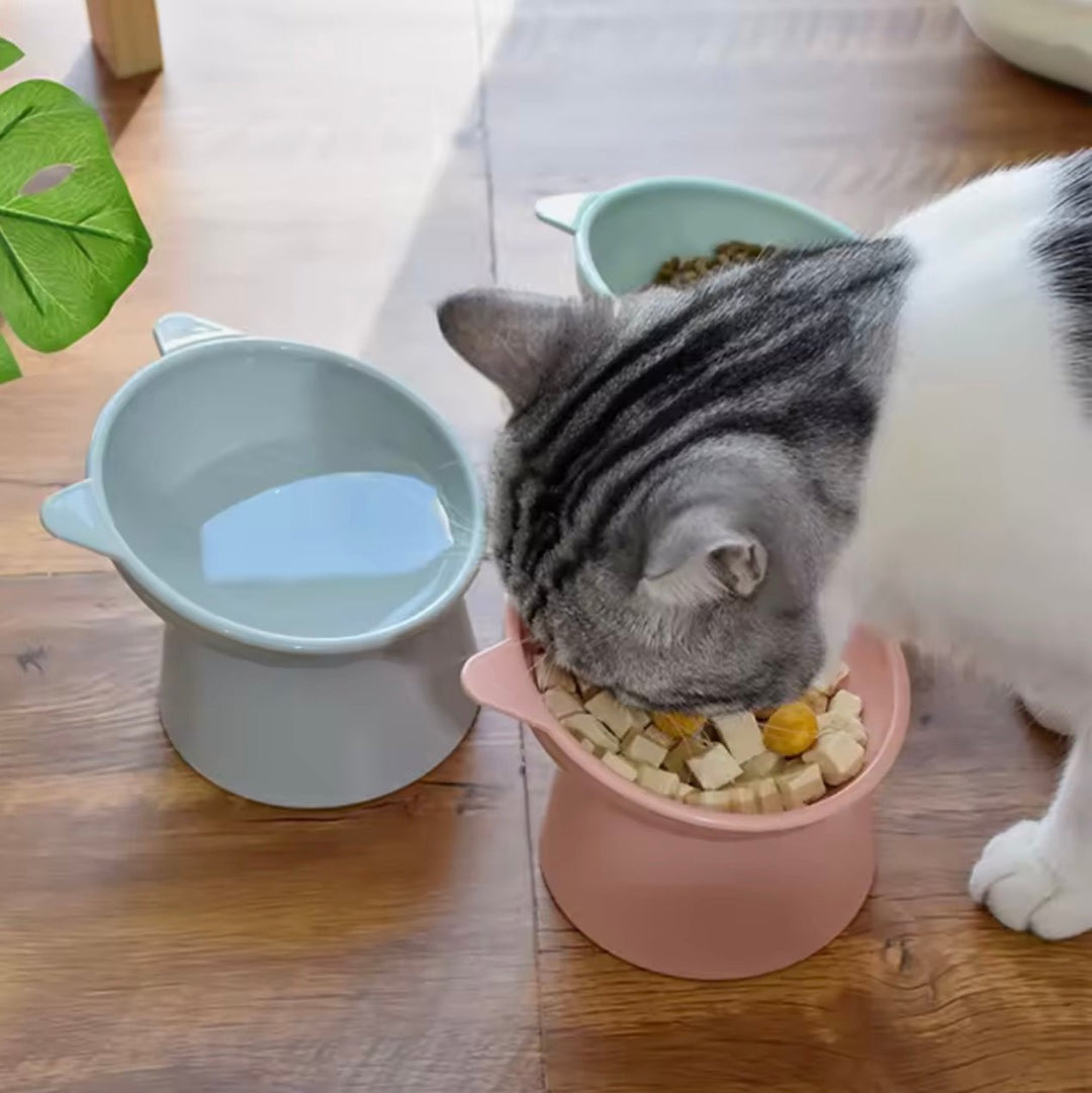 Side view of modern elevated pet feeder with non-toxic slanted bowls, promoting healthy pet posture