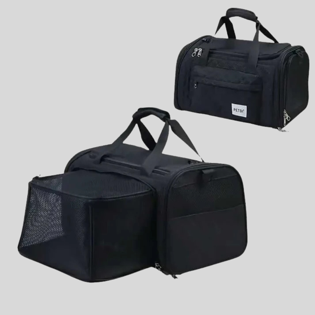 Compact and expandable pet carrier in black, ideal for in-cabin dog and cat travel