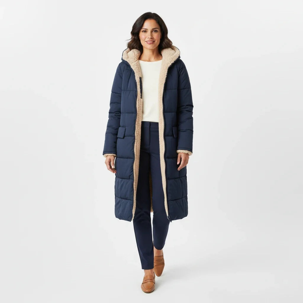 Cozy hooded winter jacket for women, stylish and long for full coverage.