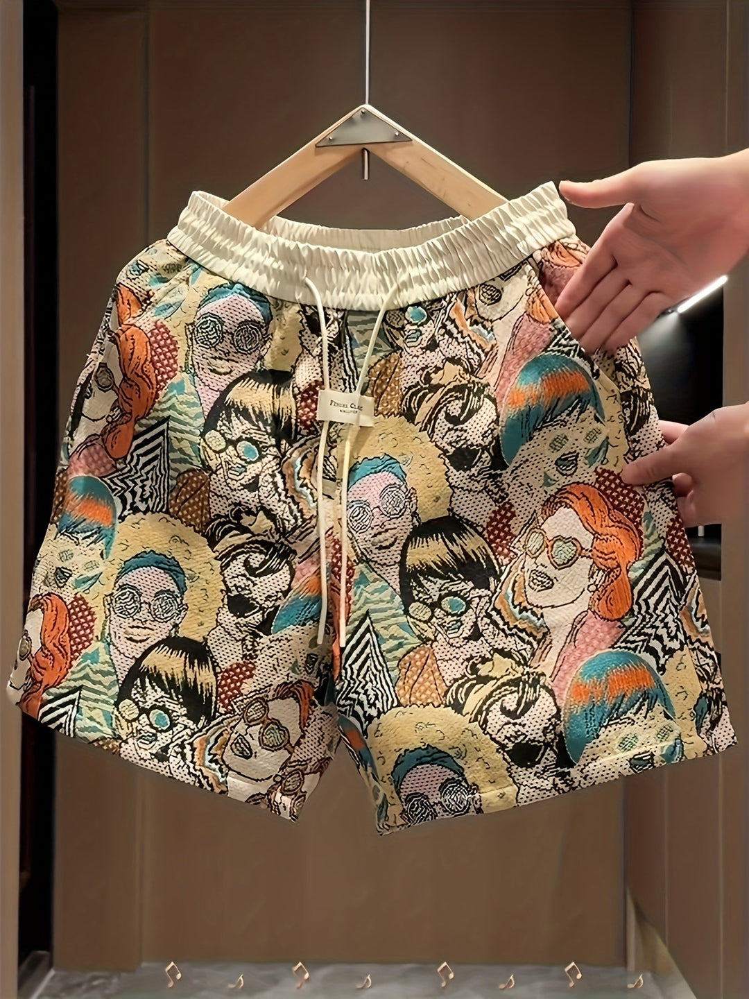 Stylish unisex pop art print lounge shorts. Retro graphic design, comfortable for casual summer wear with an adjustable waist.