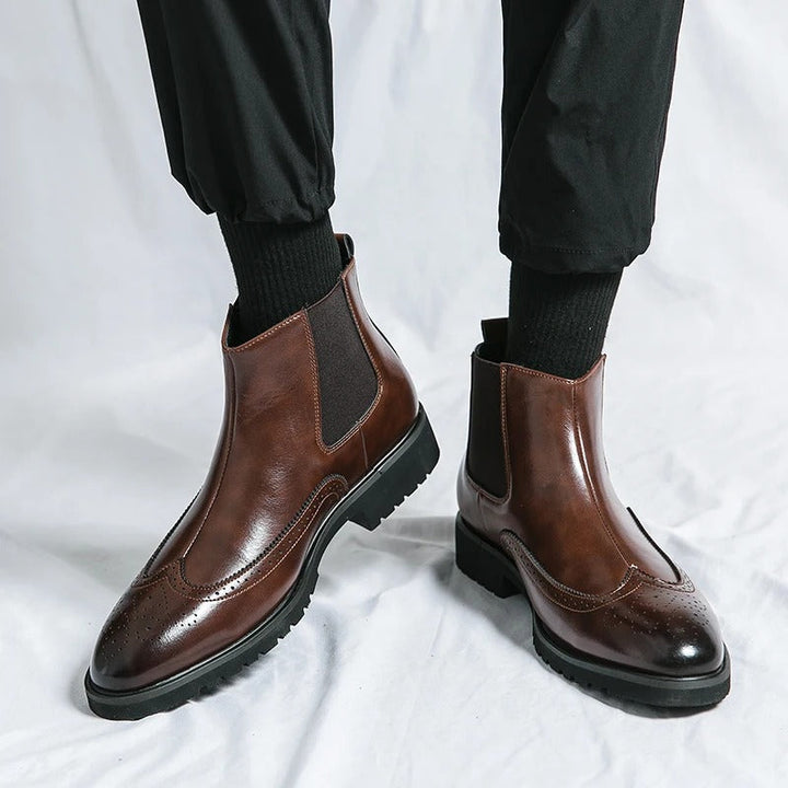 Premium men's dress boots, chelsea silhouette with decorative brogue, perfect for smart casual.