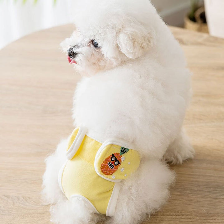 Reusable dog diaper pants for female dogs, providing comfortable & adjustable leak protection.